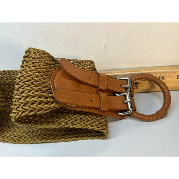 Women’s Woven Straw Belt Brown Leather Round Buckle Boho Adjustable Fit - Picture 3 of 3